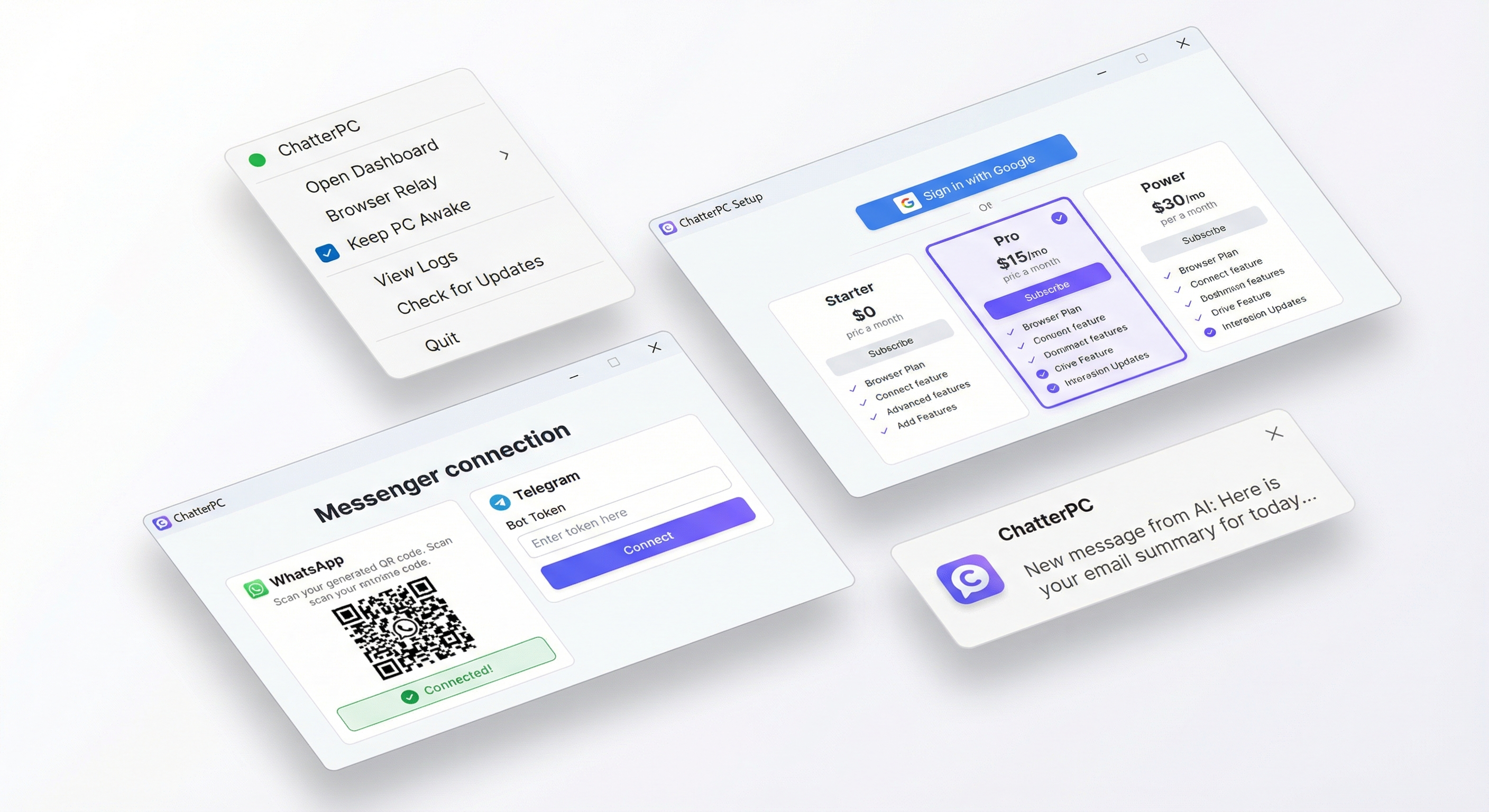 ChatterPC UI - tray menu, onboarding, messenger connection, notifications